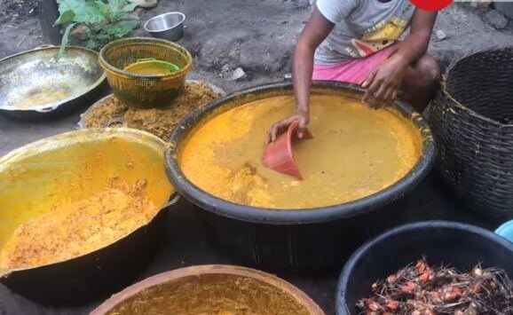 Decantation of the left over palm fruit pulp to release more oil