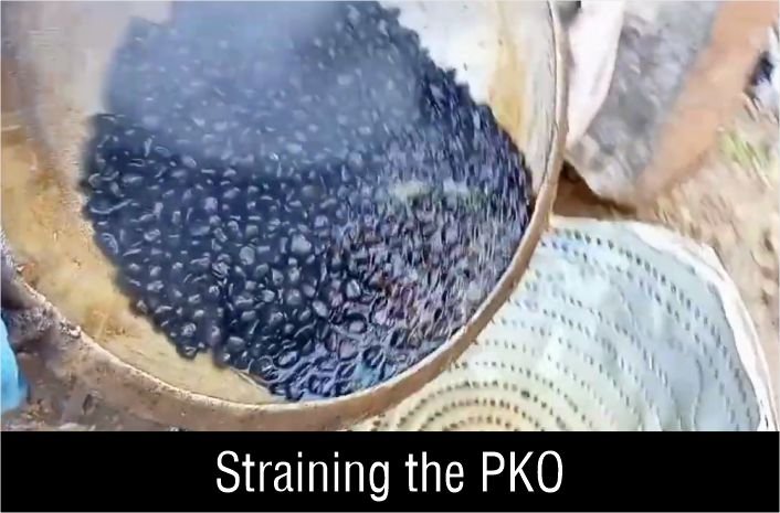 After frying, the extracted palm kernel oil is strained