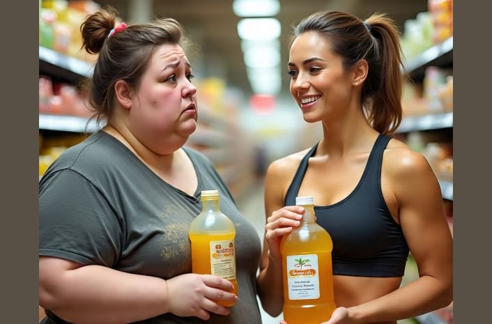 An unhappy obese woman and a happy fit woman depicting palm oil and weight loss